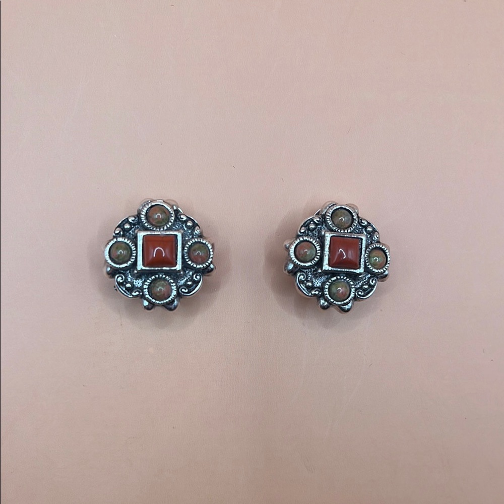 Elegant Artsy Silver Carnelian and Jasper Stud Earrings